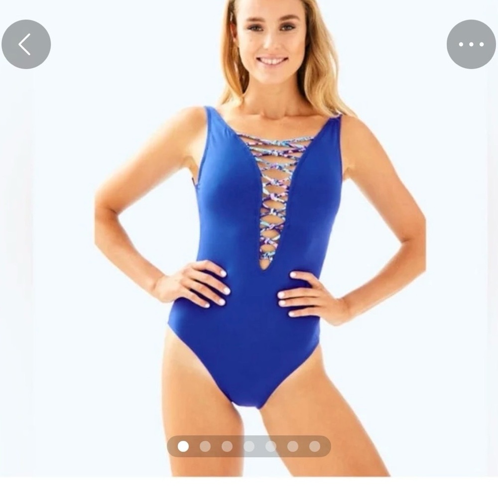 Lilly Pulitzer Ladies One-Piece Swimsuit - Blue with Floral Lattice Front.